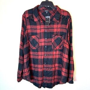 Torrid Flannel Shirt Womens Size 2X Red Buffalo Plaid Button Up Pockets Lace NEW